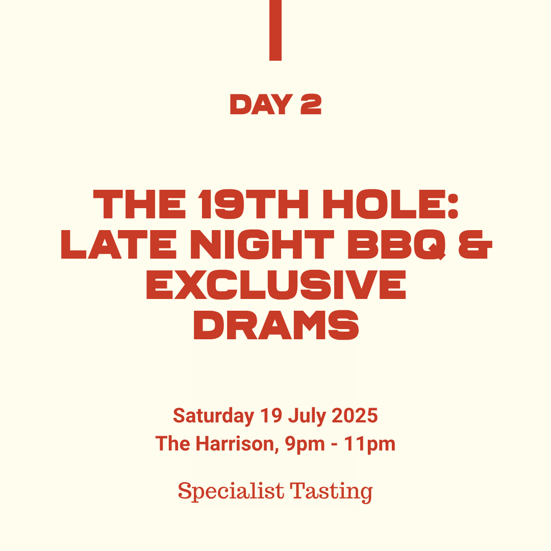 Belfast Whiskey Week Day 2 event graphic – The 19th Hole Late Night BBQ & Exclusive Drams at The Harrison, 19 July 2025