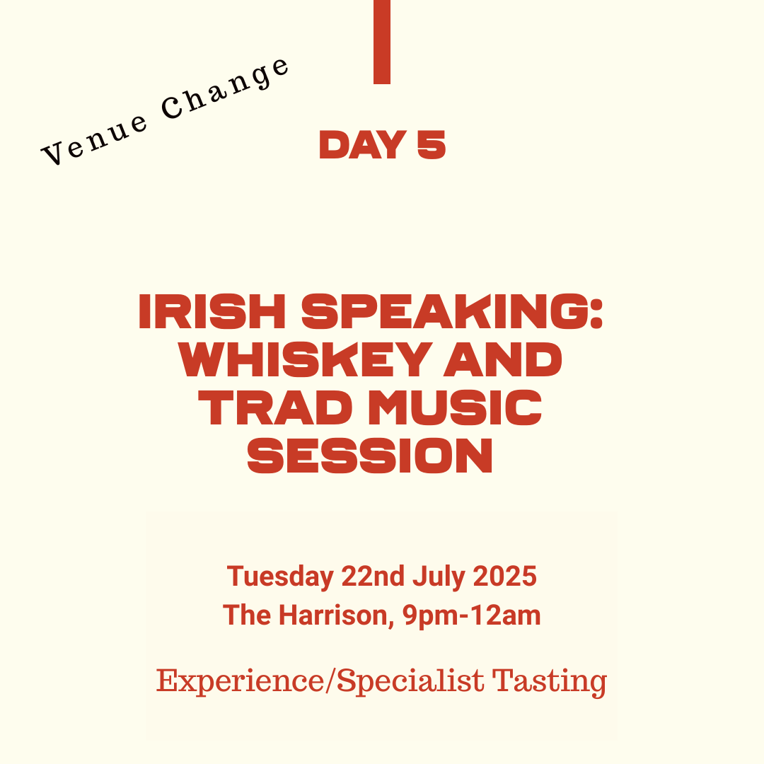 Belfast Whiskey Week Day 5 event tile: Irish Speaking Whiskey and Trad Music Session at The Harrison, 22 July 2025