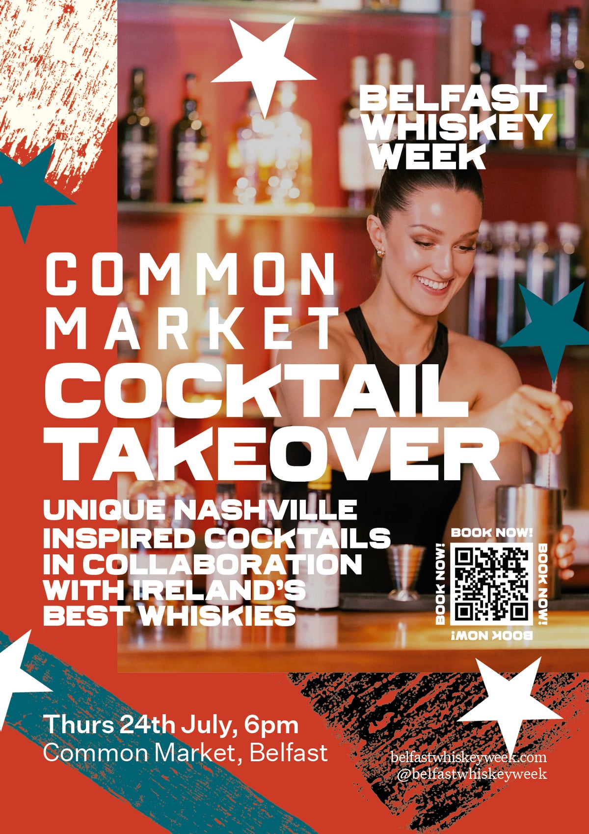 Bartender shaking a whiskey cocktail at Common Market Belfast Whiskey Week Cocktail Takeover event, Thursday 24th July 2025
