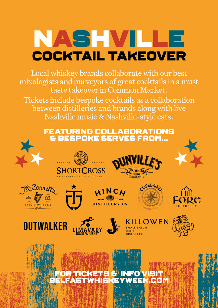 Belfast Whiskey Week Nashville Cocktail Takeover poster featuring Irish whiskey brands including Shortcross, Dunville's, Hinch and Killowen