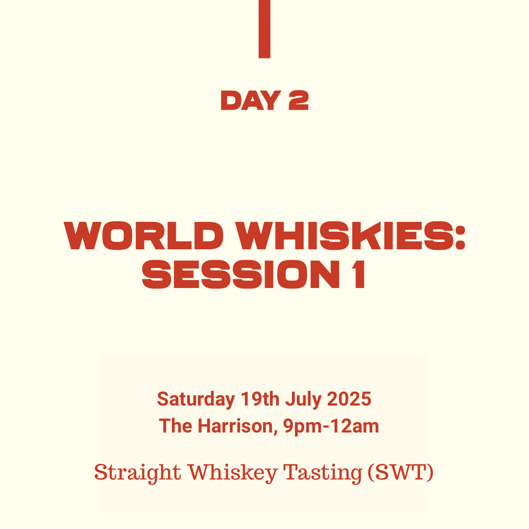 Belfast Whiskey Week Day 2 event graphic for World Whiskies Session 1, straight whiskey tasting at The Harrison, 19 July 2025