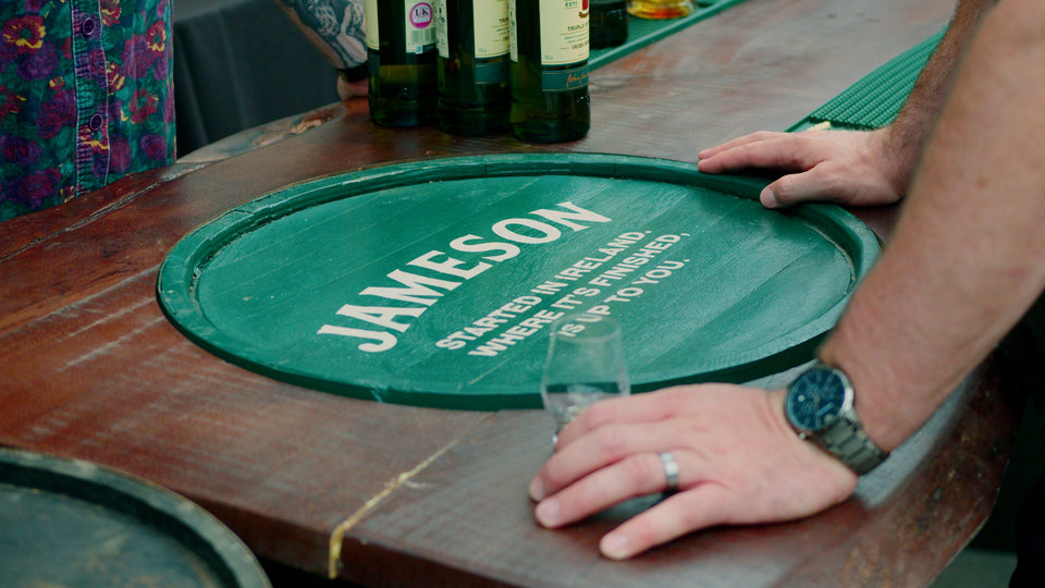 Jameson Irish whiskey branded barrel top used as a tasting table at Belfast Whiskey Week
