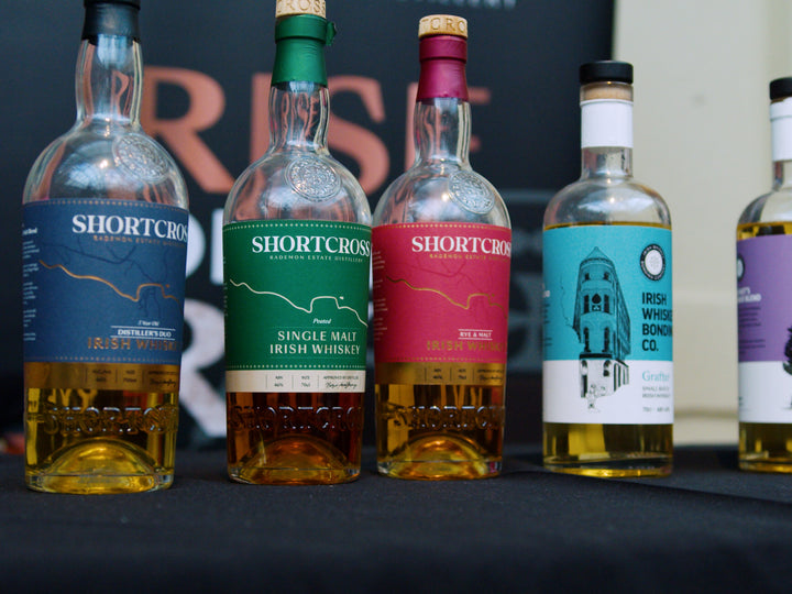 Shortcross Rademon Estate Distillery Irish whiskey bottles lined up at a Belfast Whiskey Week tasting event