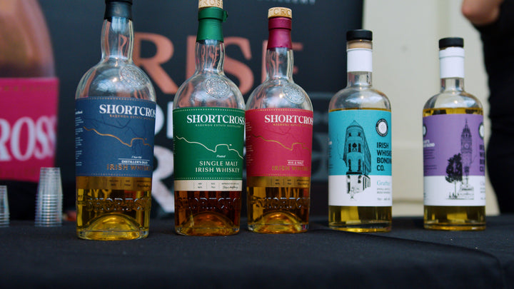 Shortcross Rademon Estate Distillery Irish whiskey bottles lined up at a Belfast Whiskey Week tasting event