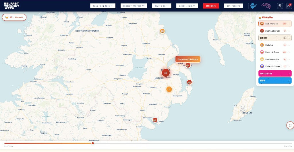 Belfast Whiskey Week Whiskey Map regional overview — distillery and venue clusters across Northern Ireland including Belfast and the Mourne coast