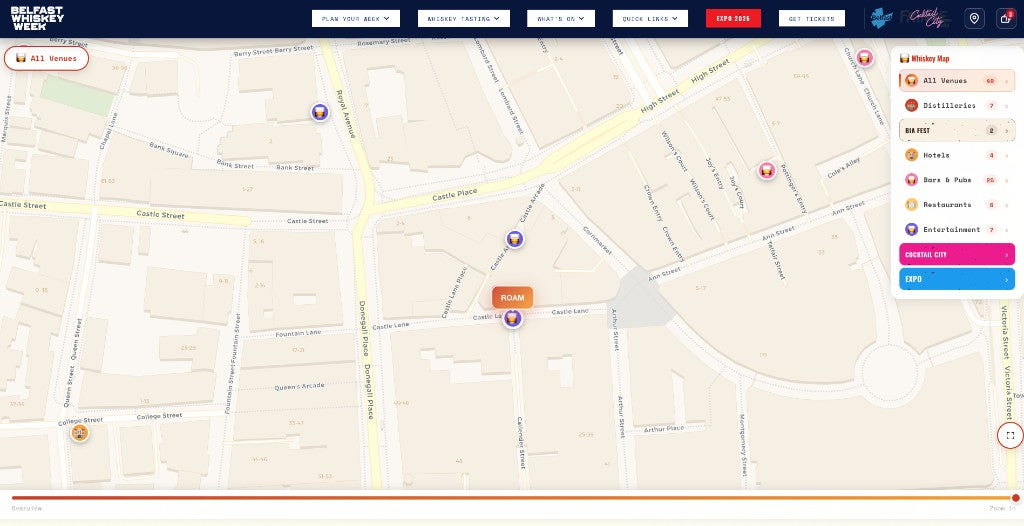 Belfast Whiskey Week Whiskey Map city view — venue pins across Belfast city centre with category filters for distilleries, bars, restaurants, hotels and entertainment