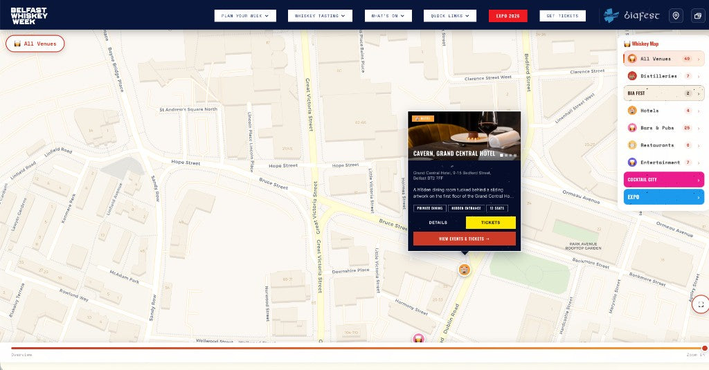Belfast Whiskey Week Whiskey Map venue popup — Cavern at Grand Central Hotel with event details, tags and ticket links