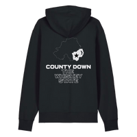 Back of black Belfast Whiskey Week hoodie reading County Down The Whiskey State with Northern Ireland map graphic