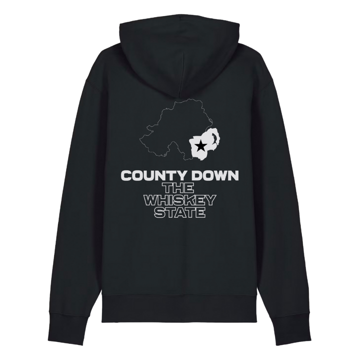 Back of black Belfast Whiskey Week hoodie reading County Down The Whiskey State with Northern Ireland map graphic