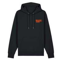 Front of black Belfast Whiskey Week County Down hoodie with orange chest logo on white background