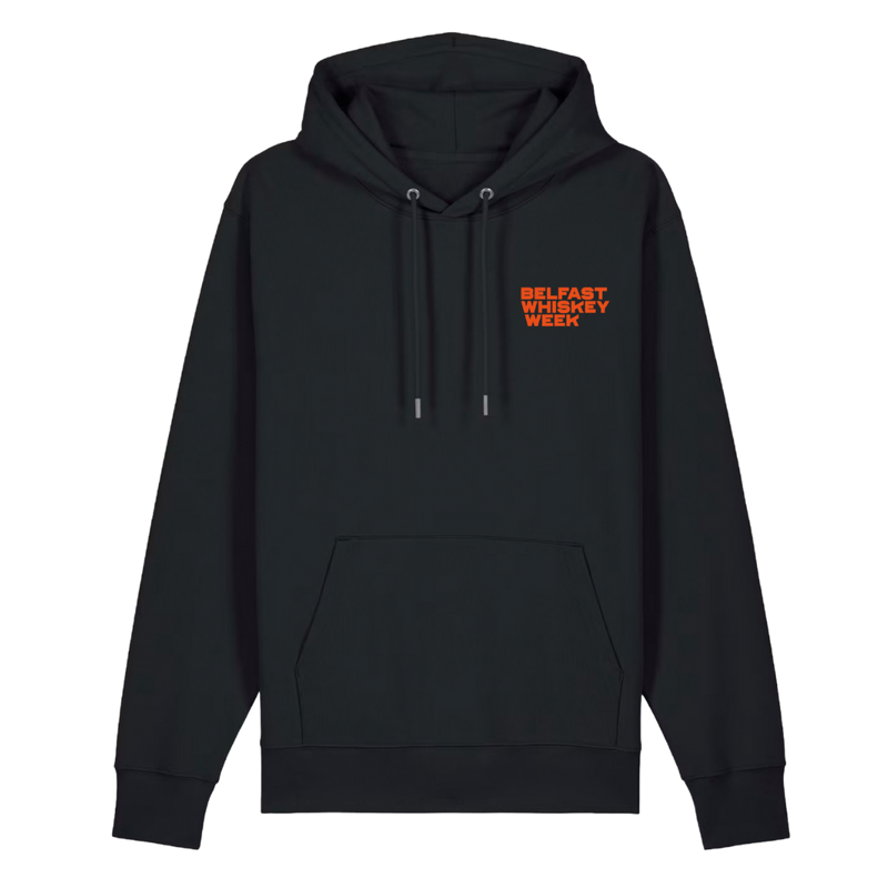 Front of black Belfast Whiskey Week County Down hoodie with orange chest logo on white background
