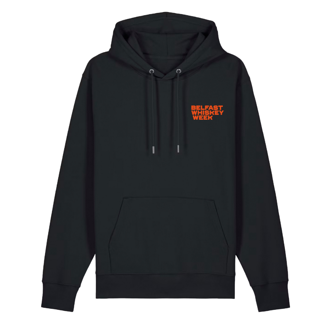 Front of black Belfast Whiskey Week County Down hoodie with orange chest logo on white background