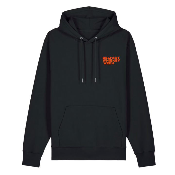 Front of black Belfast Whiskey Week County Down hoodie with orange chest logo on white background