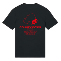 Back of black Belfast Whiskey Week t-shirt with County Down whiskey map graphic in red