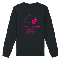 Black sweatshirt back print with pink Northern Ireland map highlighting County Down The Whiskey State