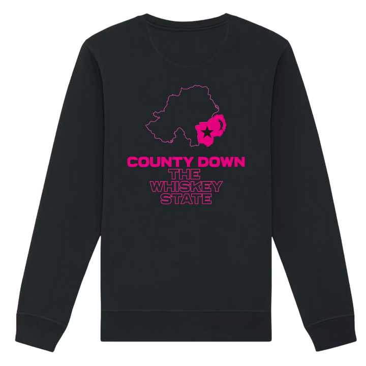 Black sweatshirt back print with pink Northern Ireland map highlighting County Down The Whiskey State