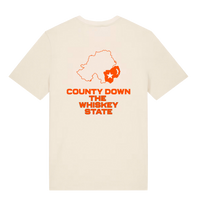 Back of cream Belfast Whiskey Week T-shirt reading County Down The Whiskey State with Northern Ireland map graphic