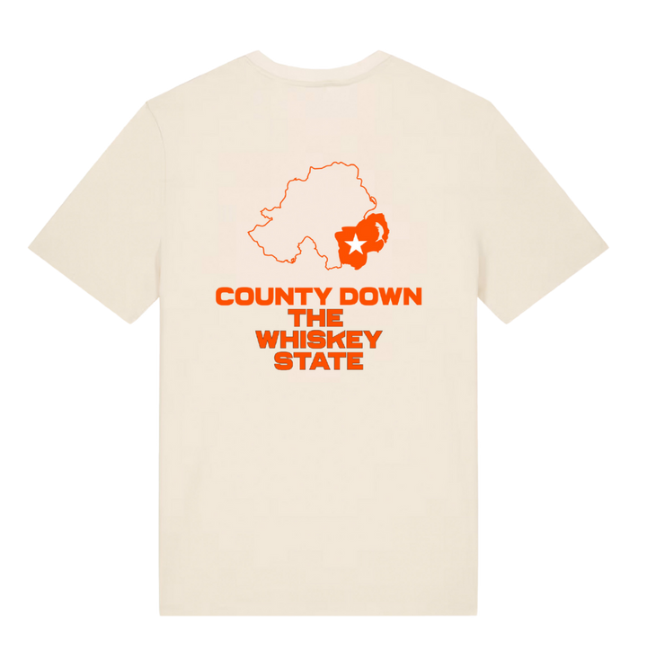 Back of cream Belfast Whiskey Week T-shirt reading County Down The Whiskey State with Northern Ireland map graphic