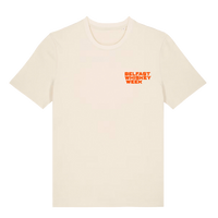 Front of cream Belfast Whiskey Week T-shirt with orange chest logo, County Down whiskey festival merchandise