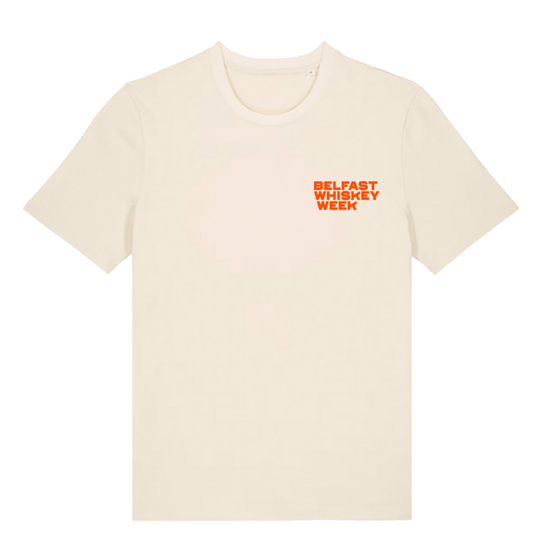 Front of cream Belfast Whiskey Week T-shirt with orange chest logo, County Down whiskey festival merchandise