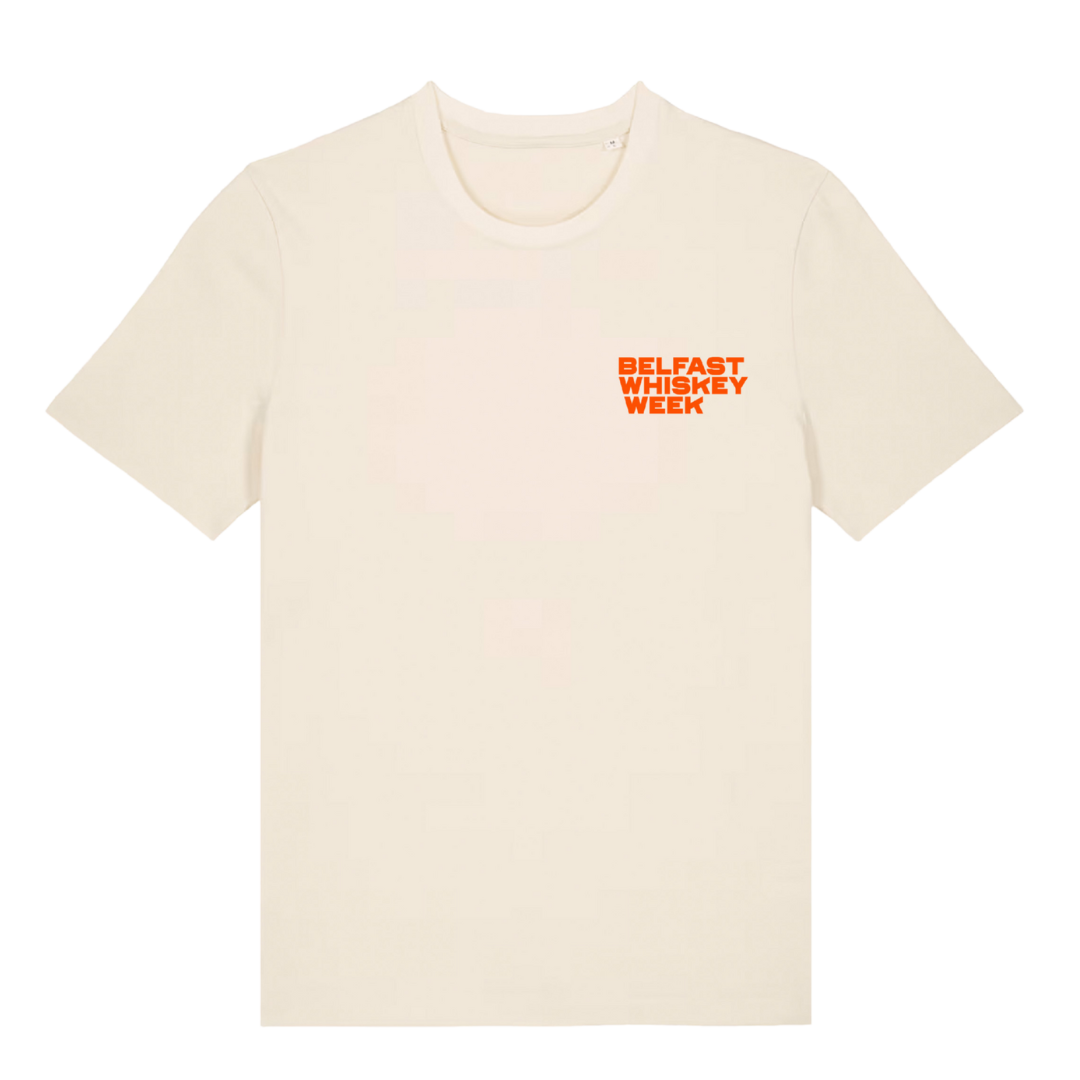 Front of cream Belfast Whiskey Week T-shirt with orange chest logo, County Down whiskey festival merchandise
