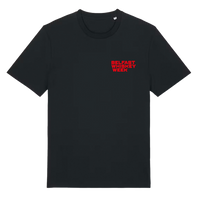 Belfast Whiskey Week County Down black t-shirt front with red chest branding, front view