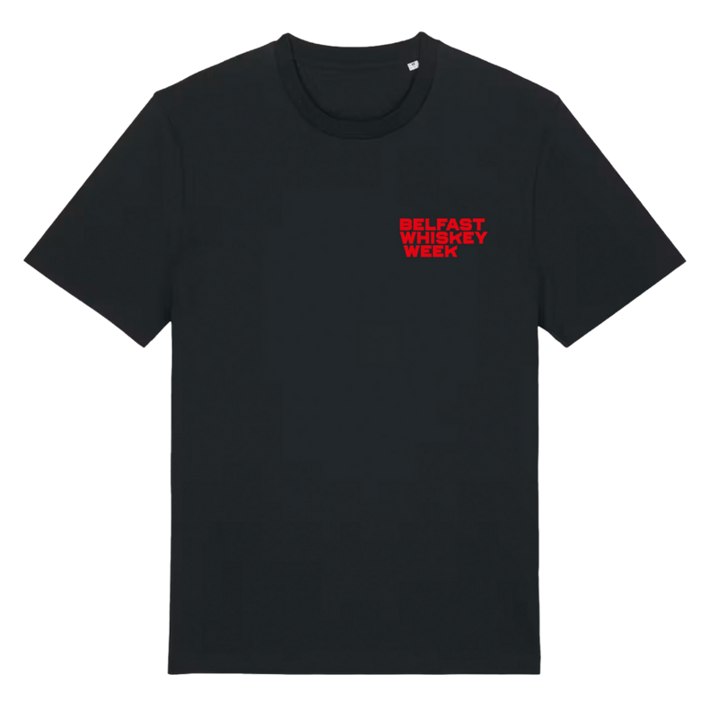 Belfast Whiskey Week County Down black t-shirt front with red chest branding, front view
