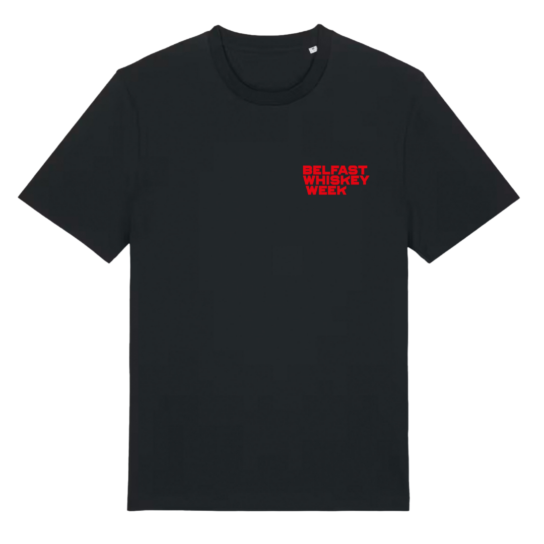 Belfast Whiskey Week County Down black t-shirt front with red chest branding, front view