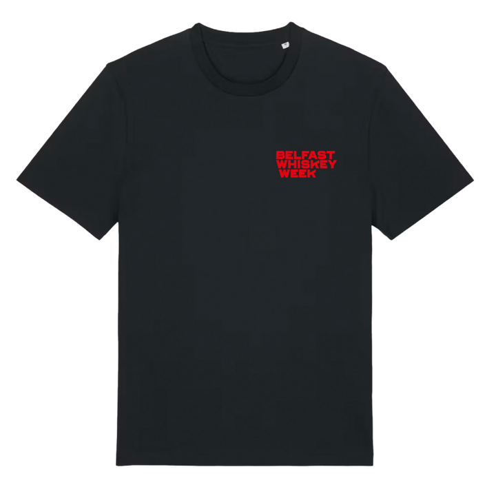 Belfast Whiskey Week County Down black t-shirt front with red chest branding, front view