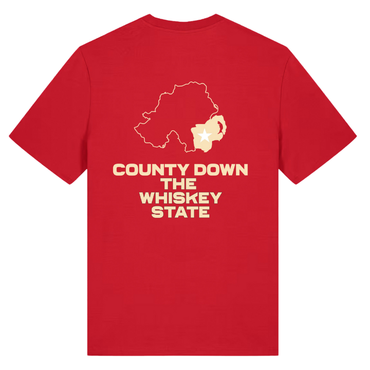 Back of red Belfast Whiskey Week t-shirt reading County Down The Whiskey State with Northern Ireland map
