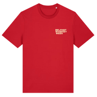 Belfast Whiskey Week red County Down Whiskey State t-shirt with cream chest logo, front view