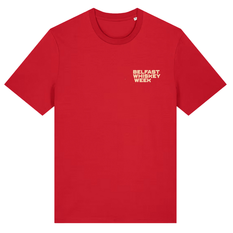 Belfast Whiskey Week red County Down Whiskey State t-shirt with cream chest logo, front view