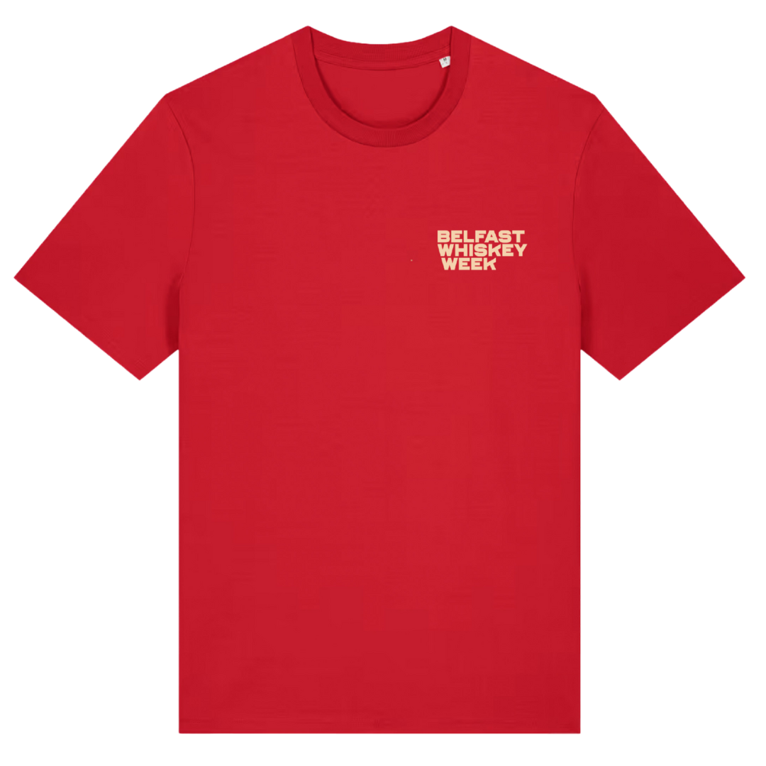 Belfast Whiskey Week red County Down Whiskey State t-shirt with cream chest logo, front view