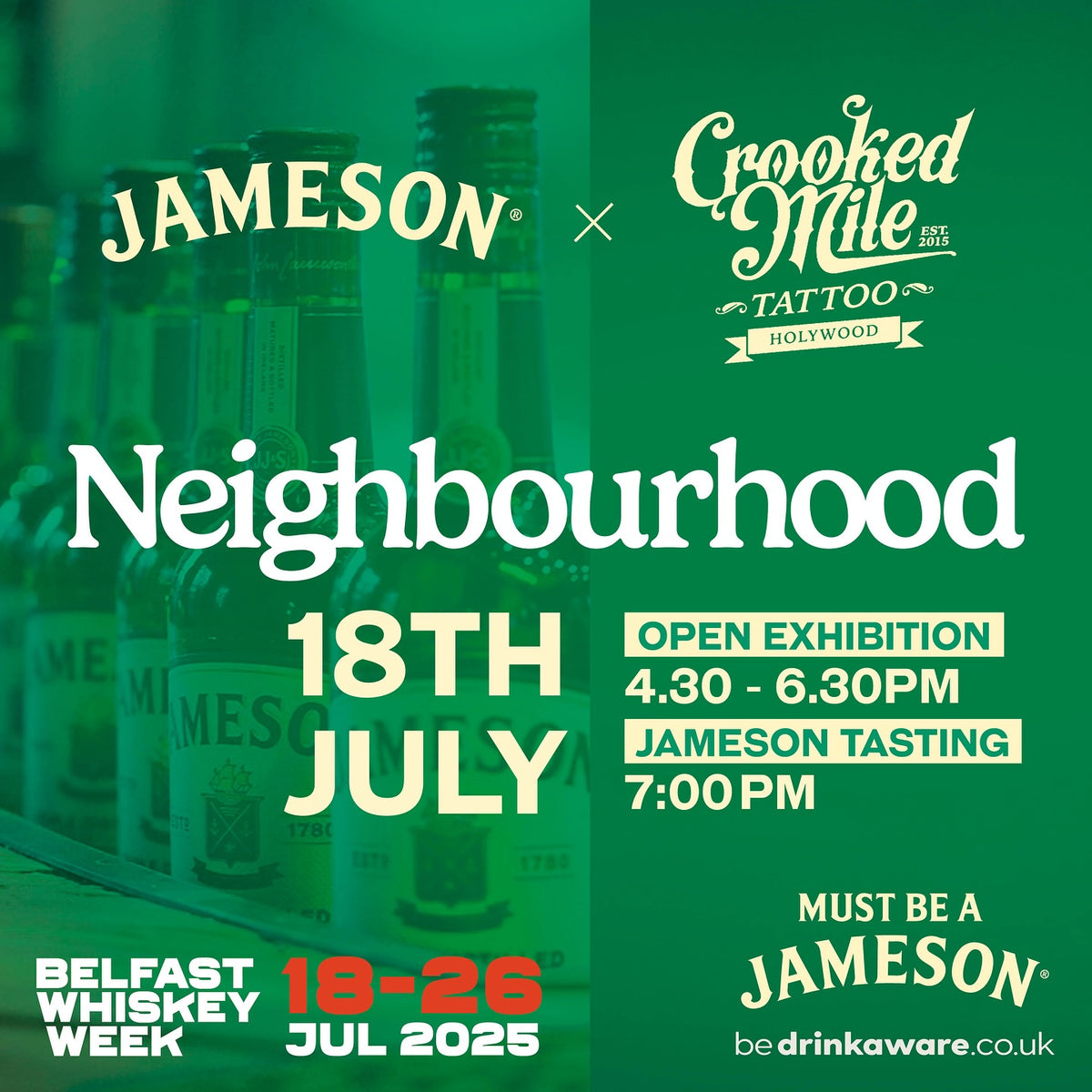Jameson x Crooked Mile Tattoo Holywood Neighbourhood event poster for Belfast Whiskey Week, 18 July 2025