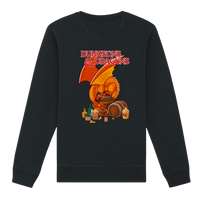 Back of black Belfast Whiskey Week sweatshirt featuring Dungeons & Dragons dragon sleeping on whiskey barrels graphic