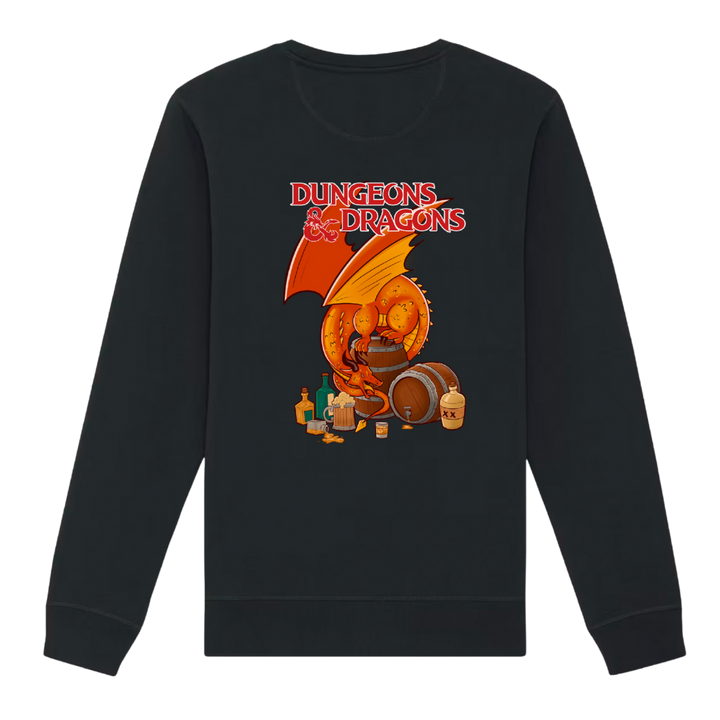 Back of black Belfast Whiskey Week sweatshirt featuring Dungeons & Dragons dragon sleeping on whiskey barrels graphic