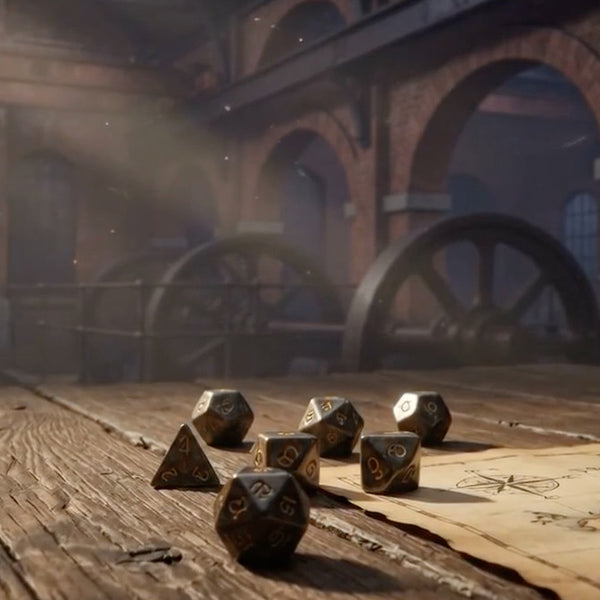 Polyhedral D&D dice on a rustic wooden table beside a parchment map in a sunlit brick warehouse