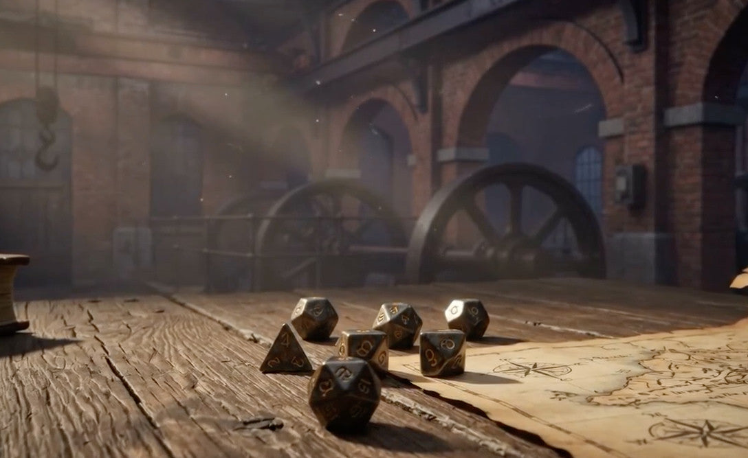 Polyhedral D&D dice on a rustic wooden table beside a parchment map in a sunlit brick warehouse