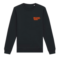 Front of black Belfast Whiskey Week sweatshirt with orange branded logo on chest