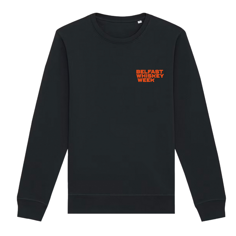 Front of black Belfast Whiskey Week sweatshirt with orange branded logo on chest