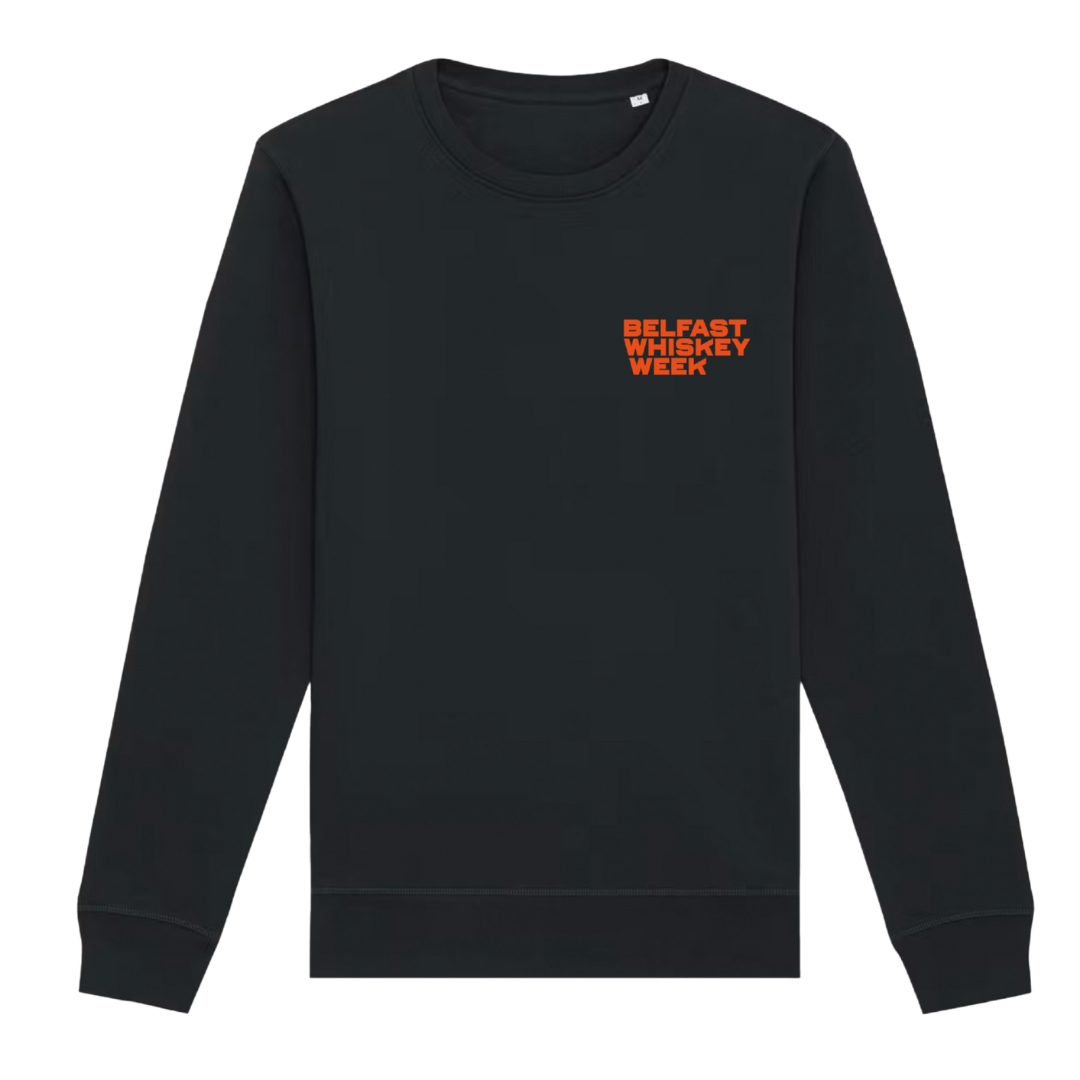 Front of black Belfast Whiskey Week sweatshirt with orange branded logo on chest