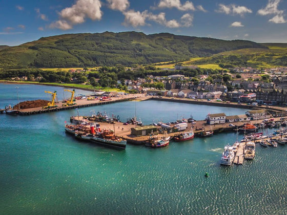 Aerial view of Campbeltown harbour on the Kintyre peninsula — destination of the Harbourview Hotel whisky boat excursion, Belfast Whiskey Week 2026