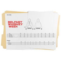 Belfast Whiskey Week hoodie size guide showing chest, body and sleeve measurements from XXS to 5XL