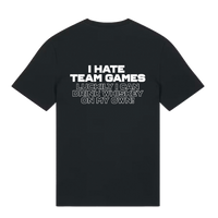 Belfast Whiskey Week black T-shirt back with bold whiskey slogan 'I Hate Team Games, Luckily I Can Drink Whiskey On My Own'