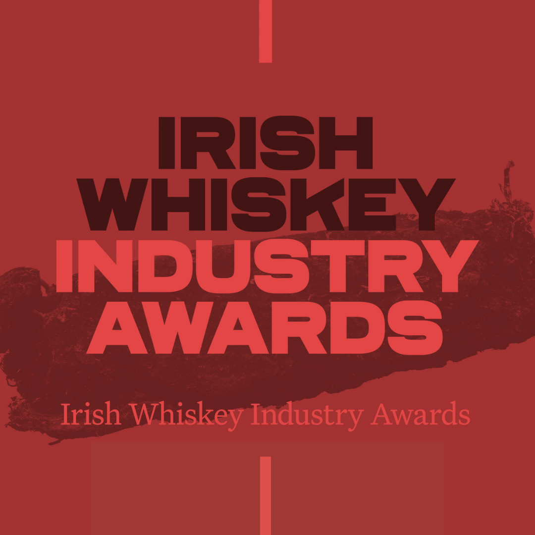 Irish Whiskey Industry Awards promotional graphic with bold red typography celebrating the Irish whiskey sector