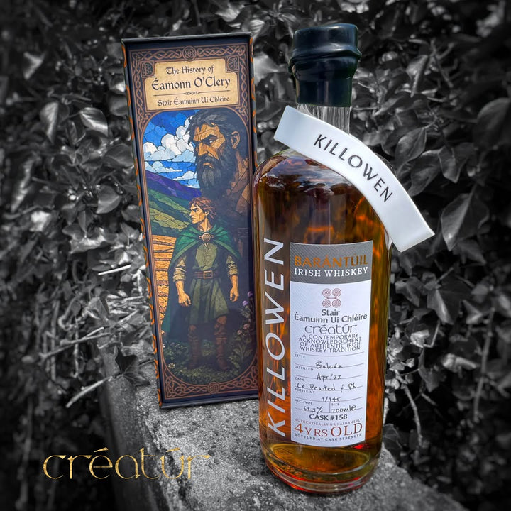 Killowen Barantúil créatúr single cask Irish whiskey, 4 years old at cask strength, with illustrated presentation box