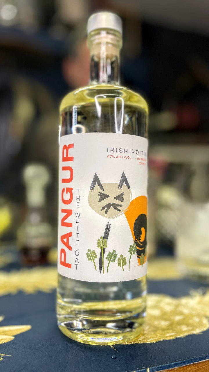 Bottle of Killowen Pangur The White Cat Irish poitín on a bar
