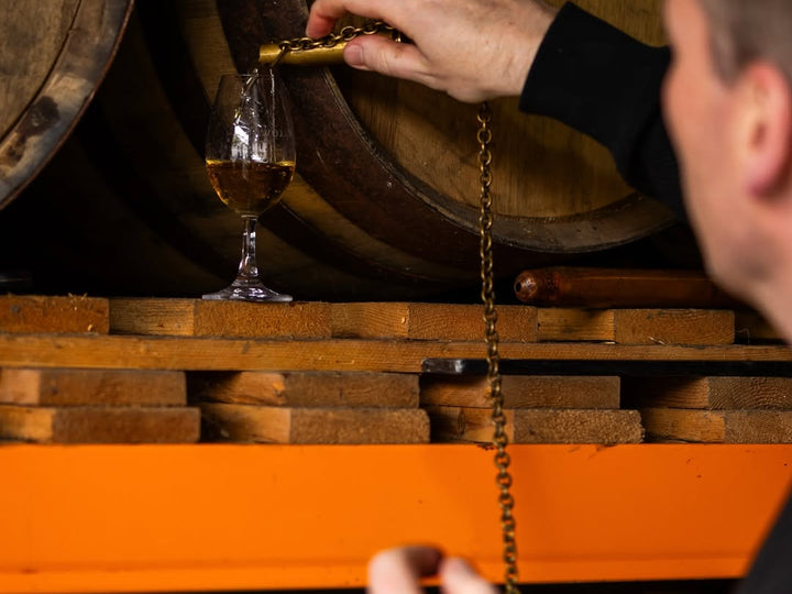 Drawing a cask-strength sample straight from the cask into a Killowen glass at Killowen Distillery