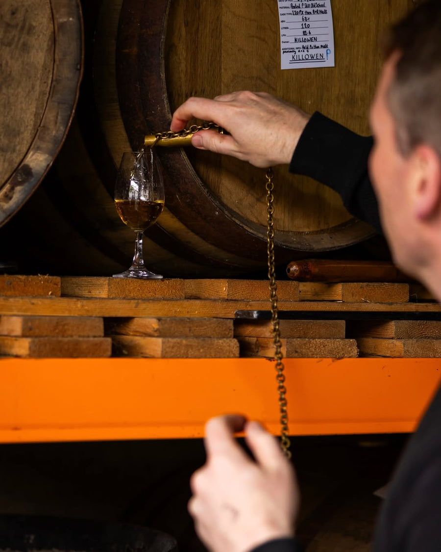 Drawing a cask-strength sample straight from the cask into a Killowen glass at Killowen Distillery
