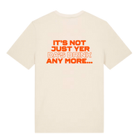 Back of cream Belfast Whiskey Week T-shirt with orange slogan "It's Not Just Yer Da's Drink Any More..."